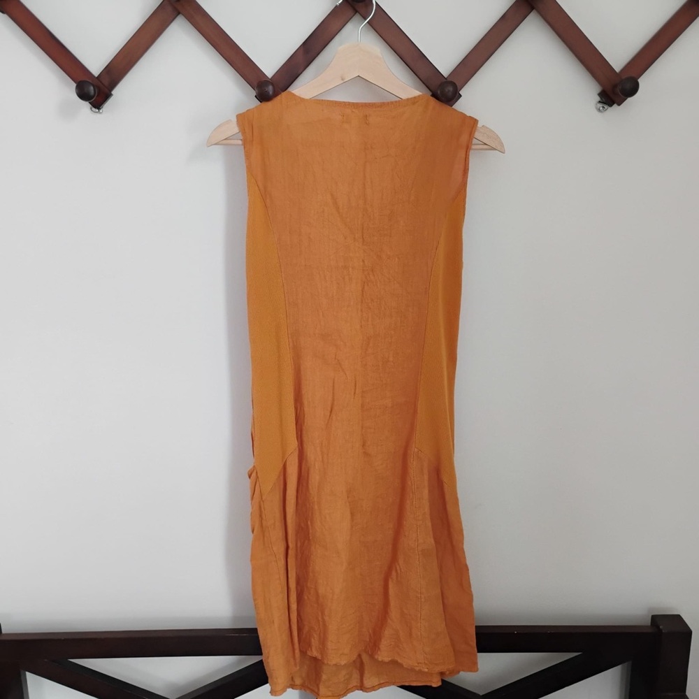 Lina Tomei Elegant Orange Linen Midi Dress with Embellished beaded Neckline - Picture 9 of 9